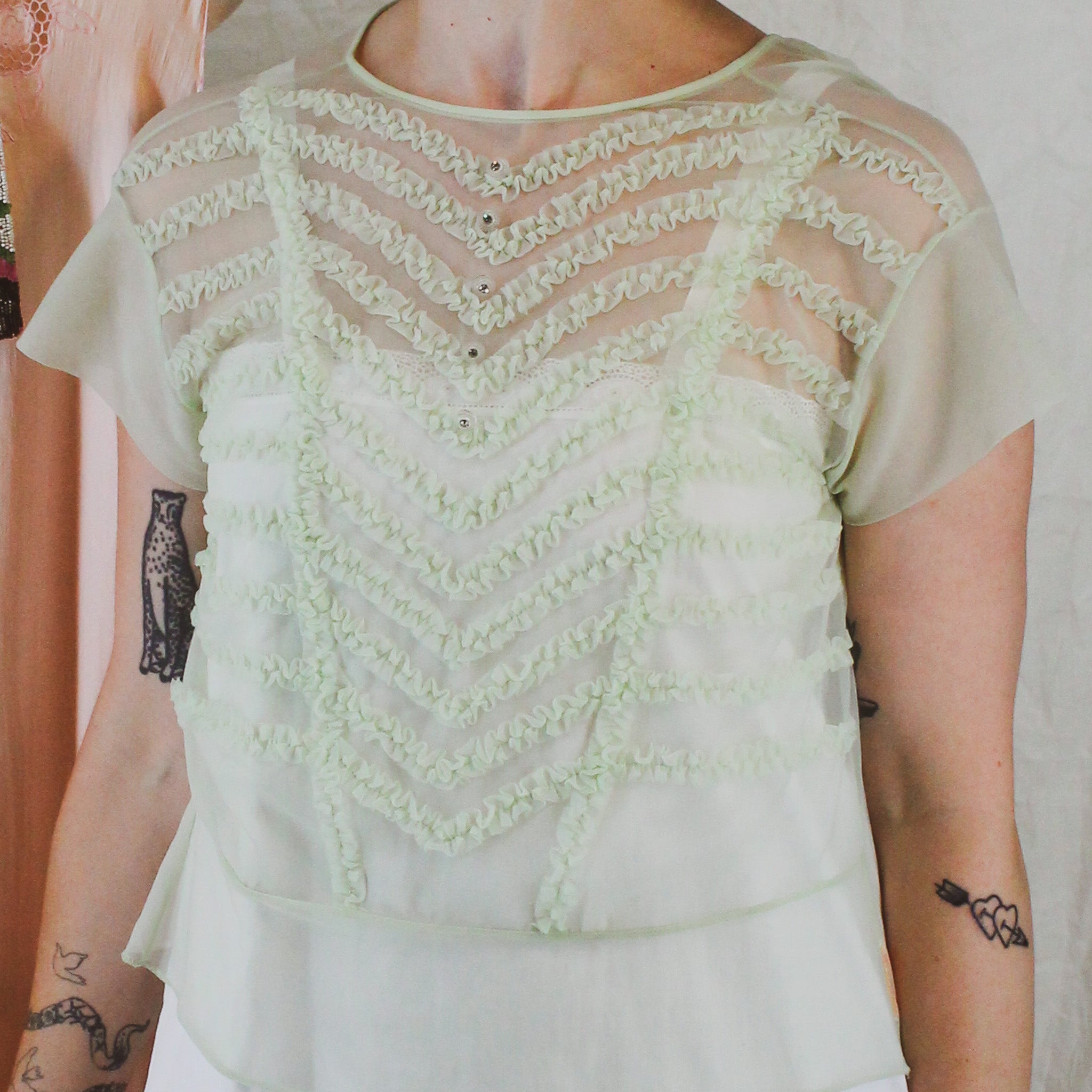 1940s sheer chiffon ruffle blouse with rhinestone buttons