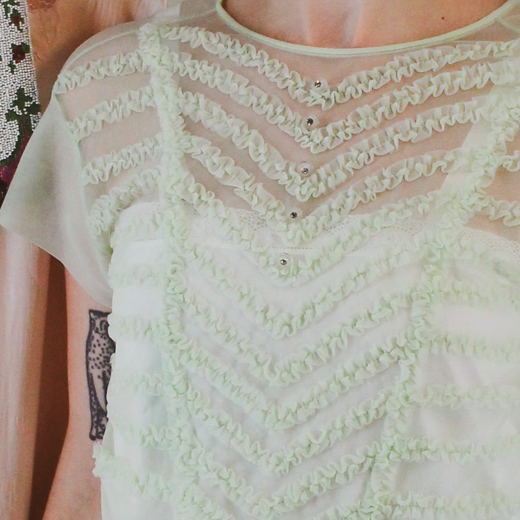 1940s sheer chiffon ruffle blouse with rhinestone buttons