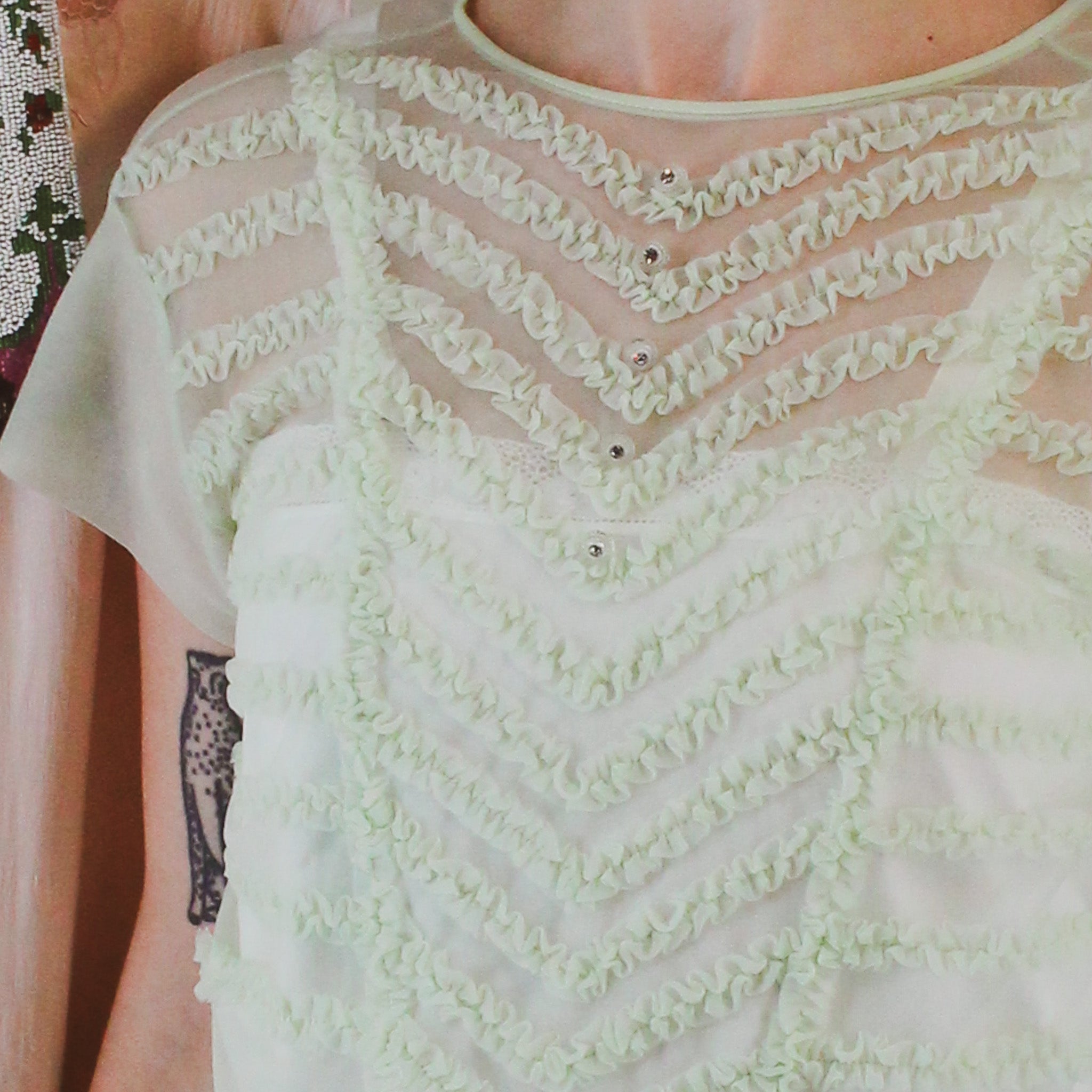 1940s sheer chiffon ruffle blouse with rhinestone buttons