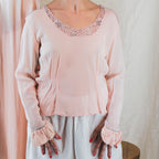 1930s pink rayon crepe blouse, rhinestone lace trim