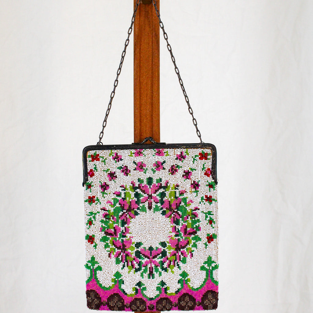 20s micro beaded floral wreath frame purse