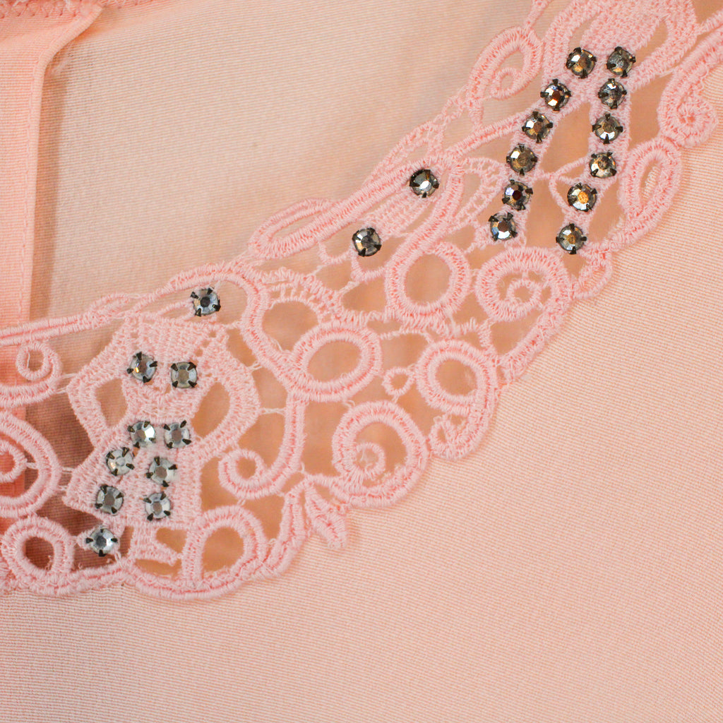 1930s pink rayon crepe blouse, rhinestone lace trim