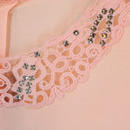 1930s pink rayon crepe blouse, rhinestone lace trim