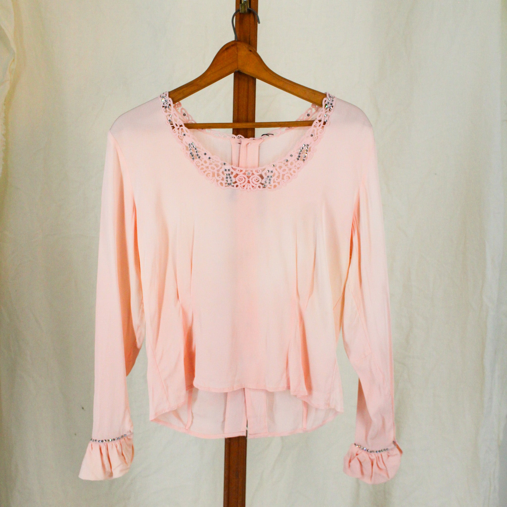 1930s pink rayon crepe blouse, rhinestone lace trim