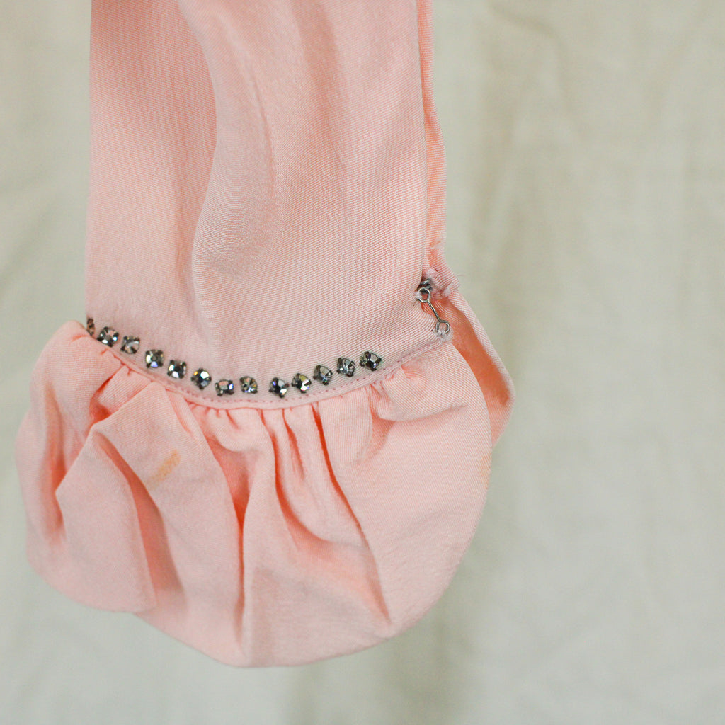 1930s pink rayon crepe blouse, rhinestone lace trim