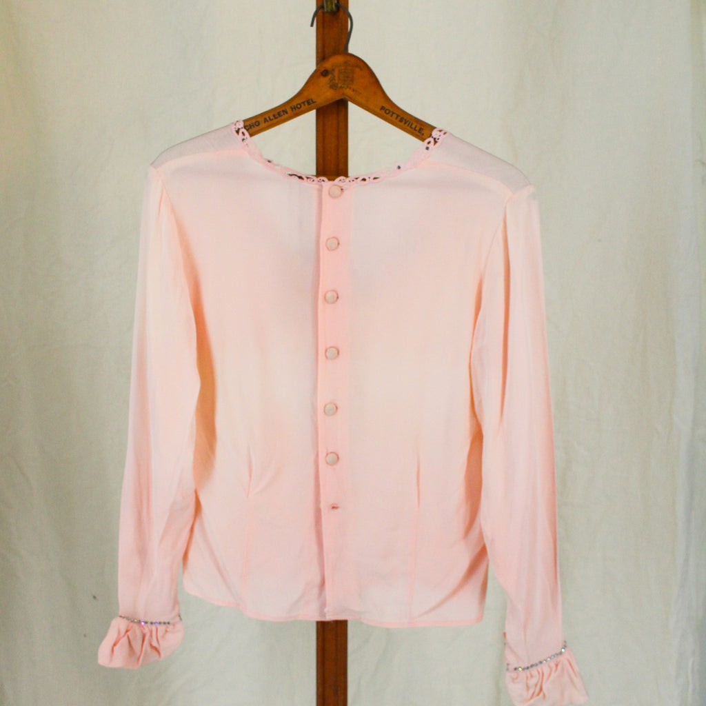 1930s pink rayon crepe blouse, rhinestone lace trim