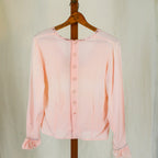 1930s pink rayon crepe blouse, rhinestone lace trim