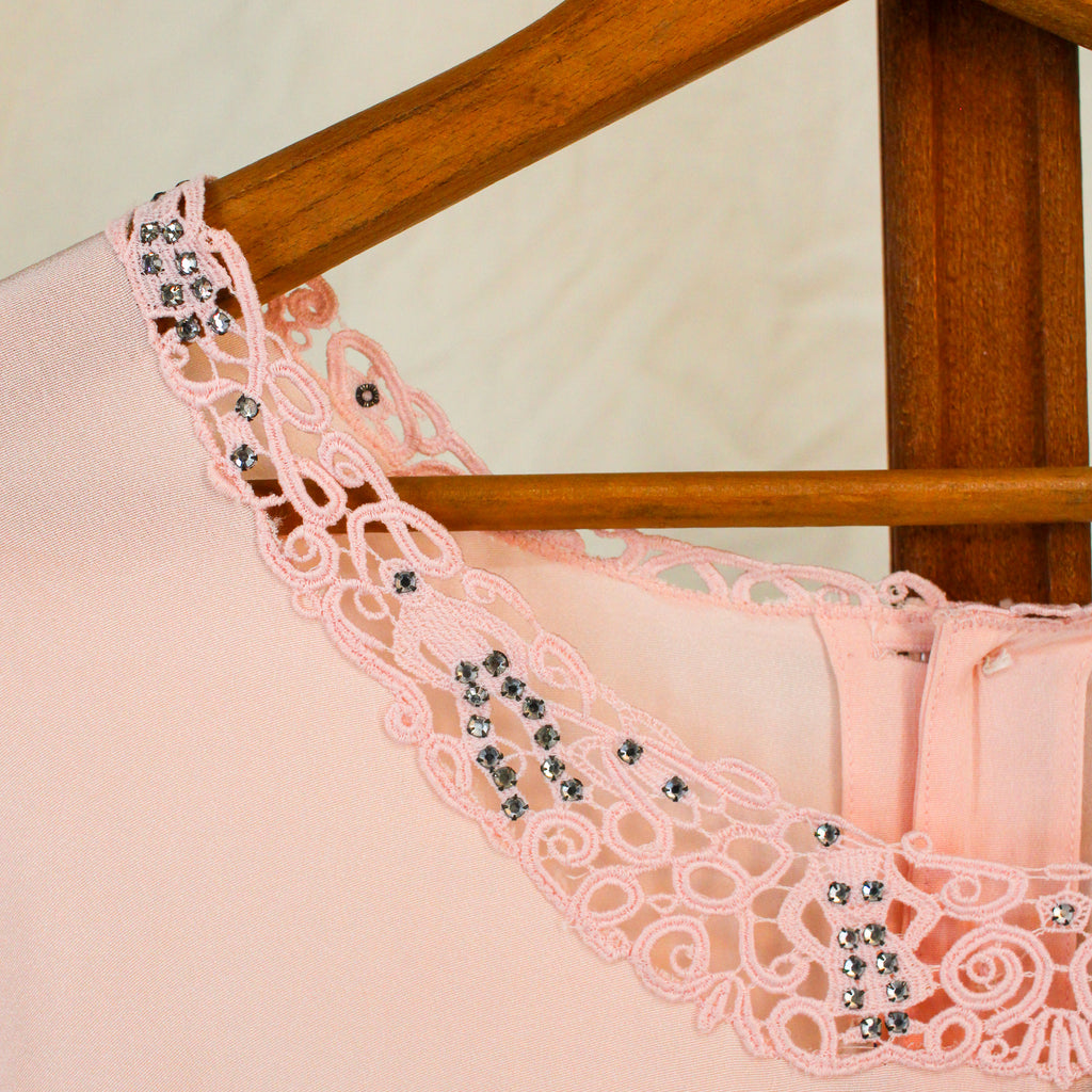 1930s pink rayon crepe blouse, rhinestone lace trim