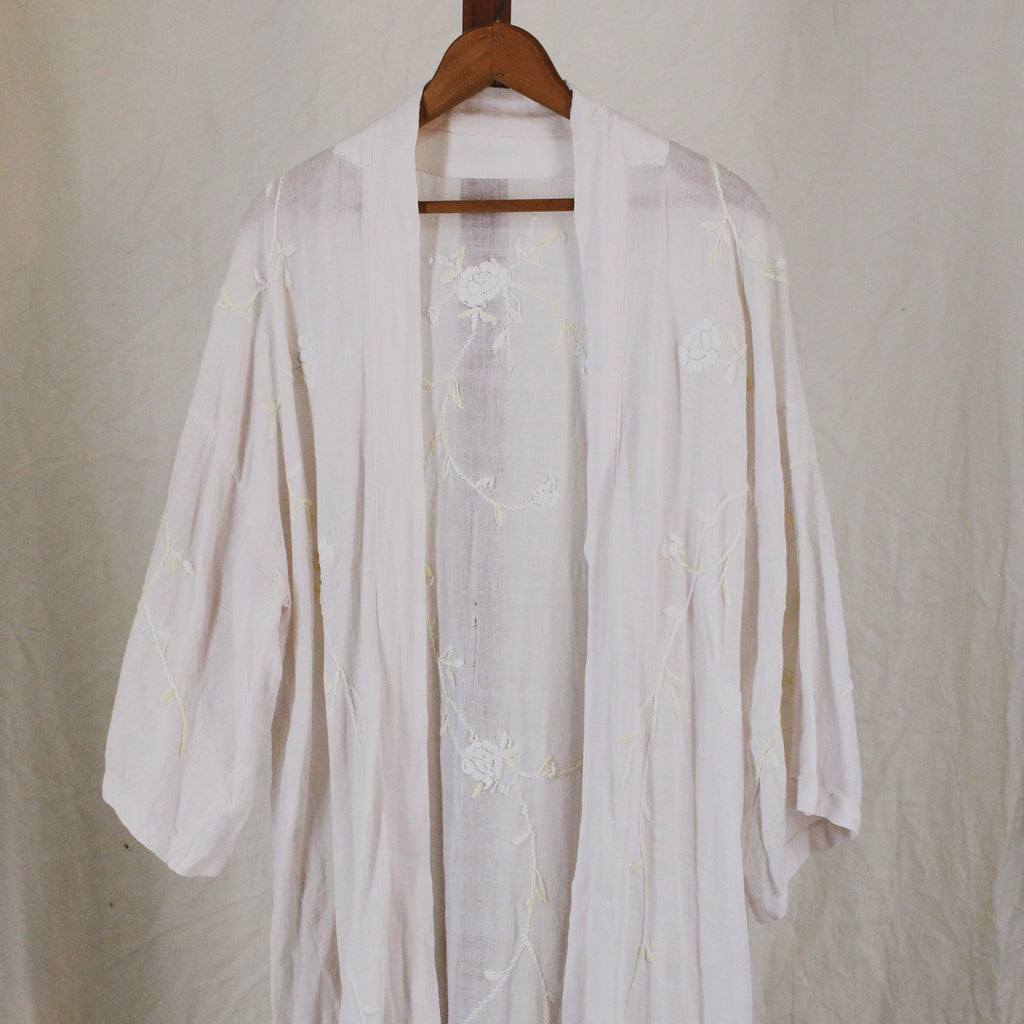1910s antique embroidered cotton voile wrapper robe