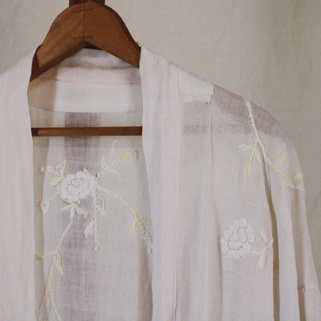 1910s antique embroidered cotton voile wrapper robe