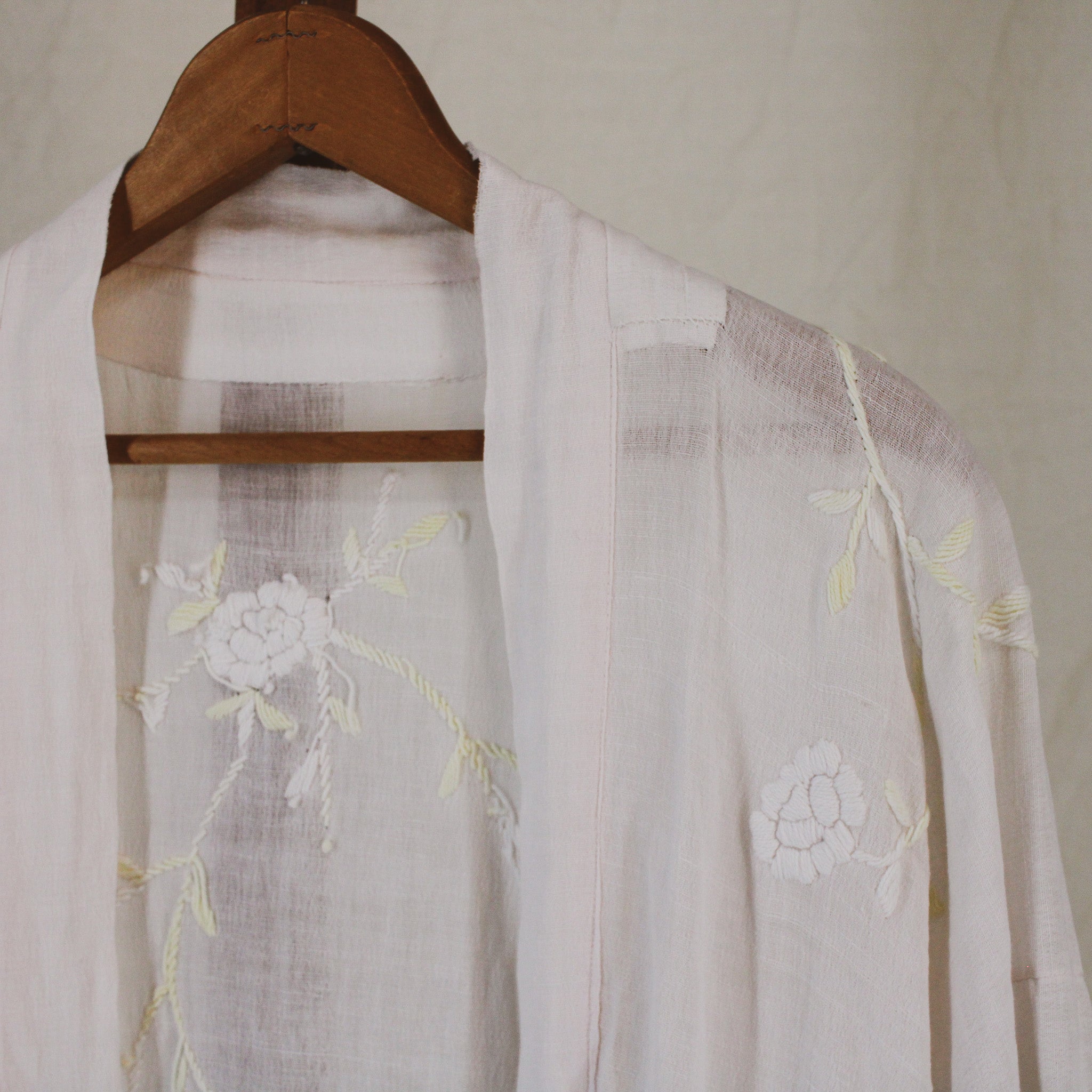 1910s antique embroidered cotton voile wrapper robe