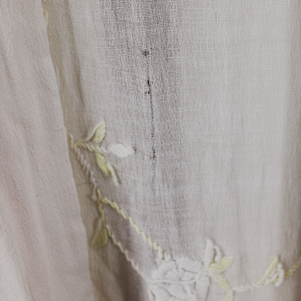 1910s antique embroidered cotton voile wrapper robe