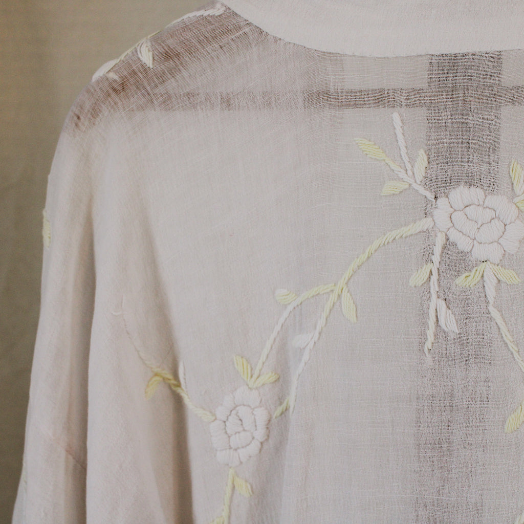 1910s antique embroidered cotton voile wrapper robe