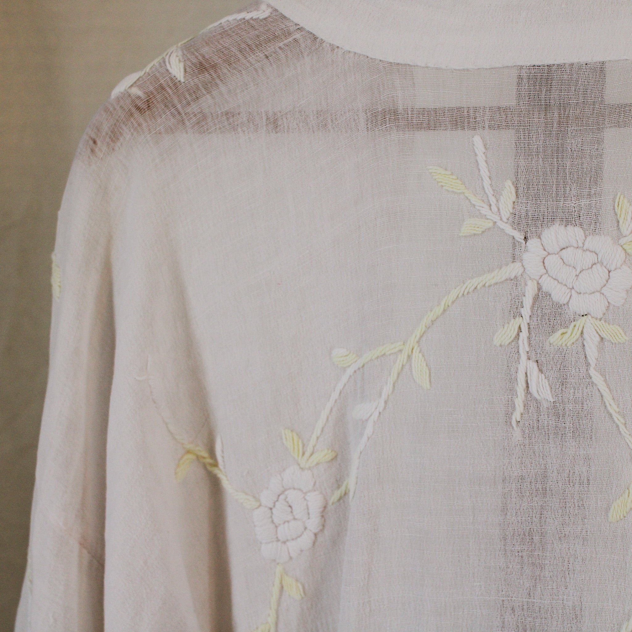 1910s antique embroidered cotton voile wrapper robe