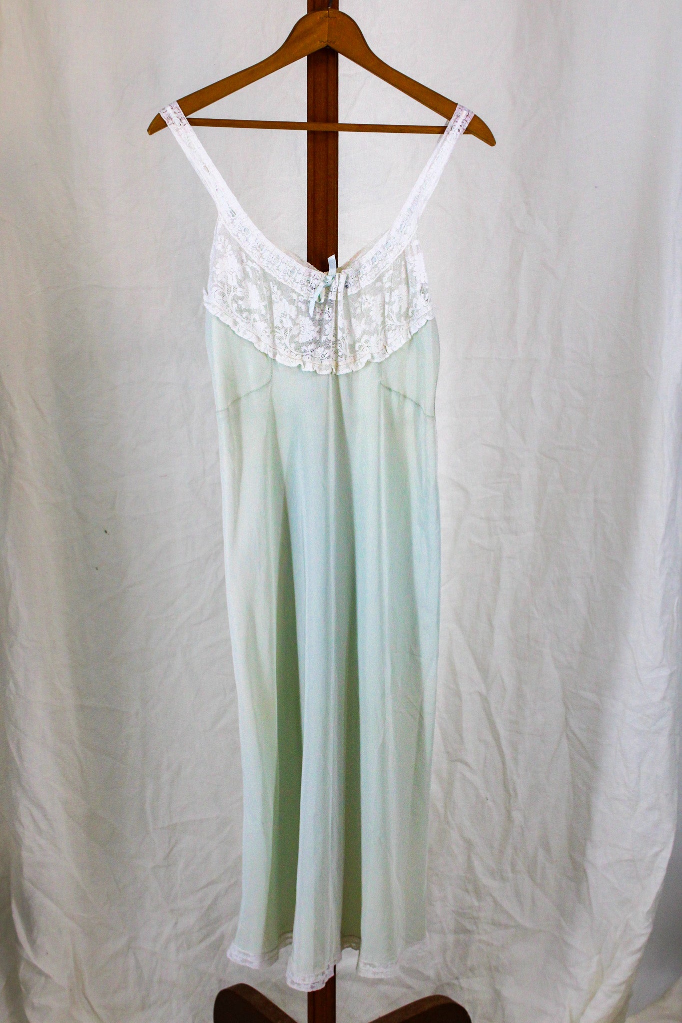 50s "styled by Godfried" mint rayon nightgown, lace bodice