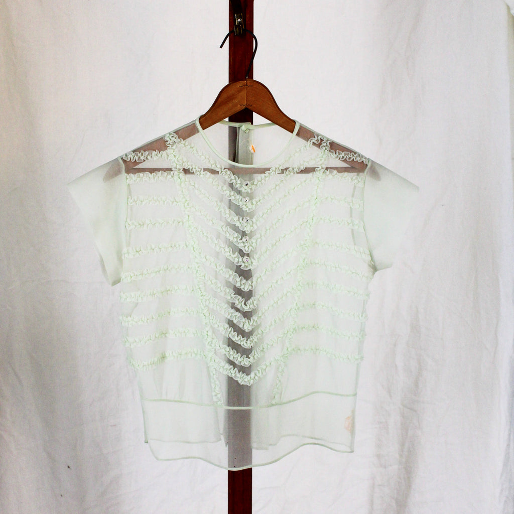 1940s sheer chiffon ruffle blouse with rhinestone buttons