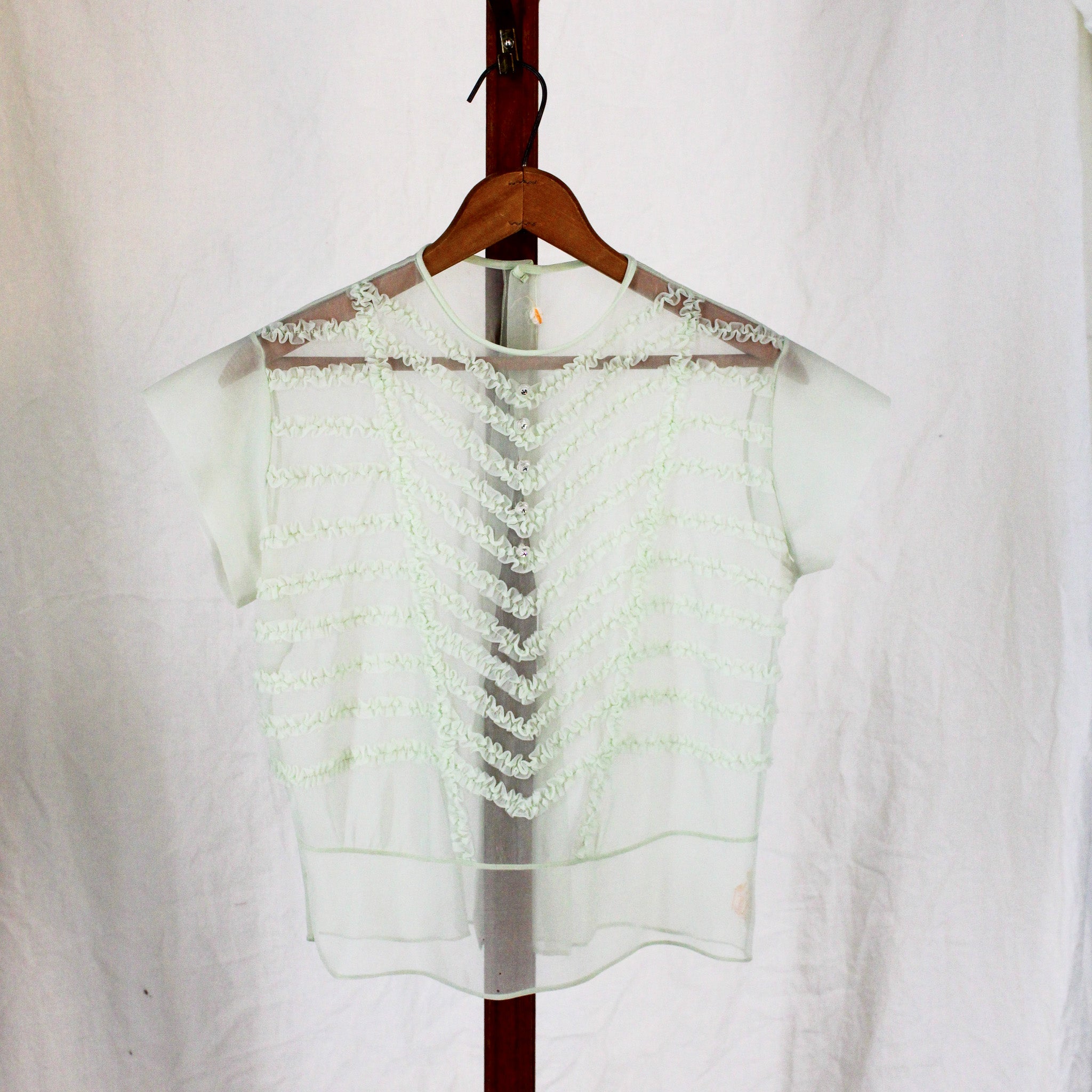 1940s sheer chiffon ruffle blouse with rhinestone buttons