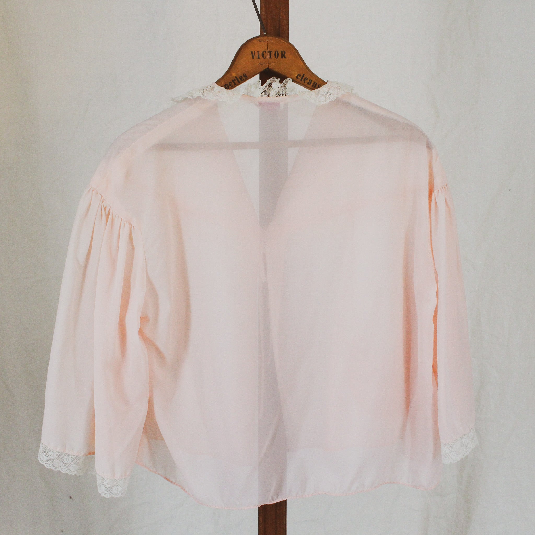 1950s sheer pink nylon bed jacket, lace trim, tailored by weinberg's