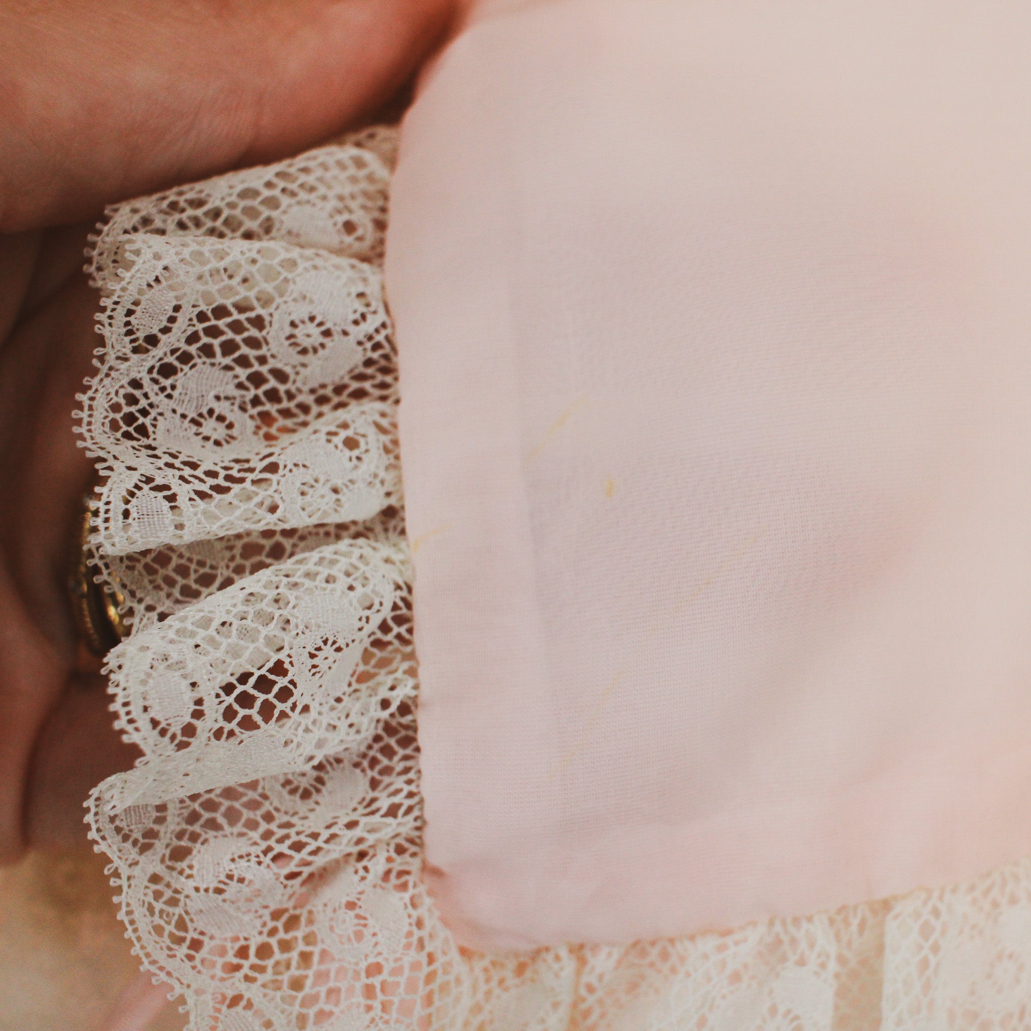 1950s sheer pink nylon bed jacket, lace trim, tailored by weinberg's