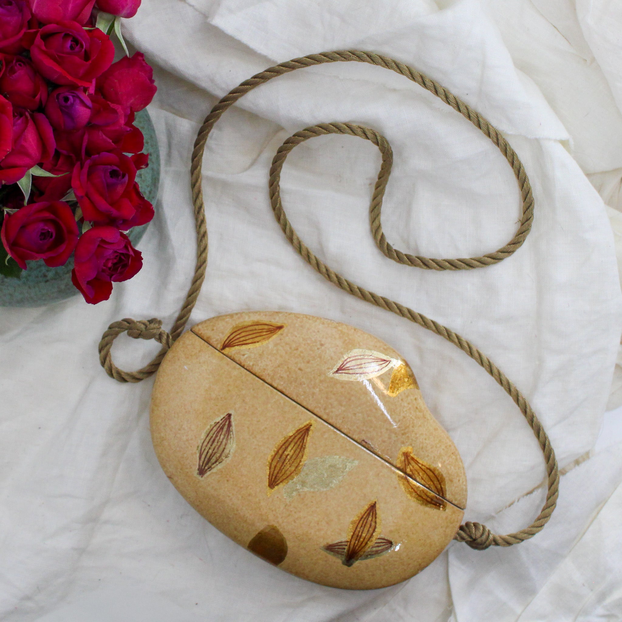 70s zushi hand painted wood box bag, rare