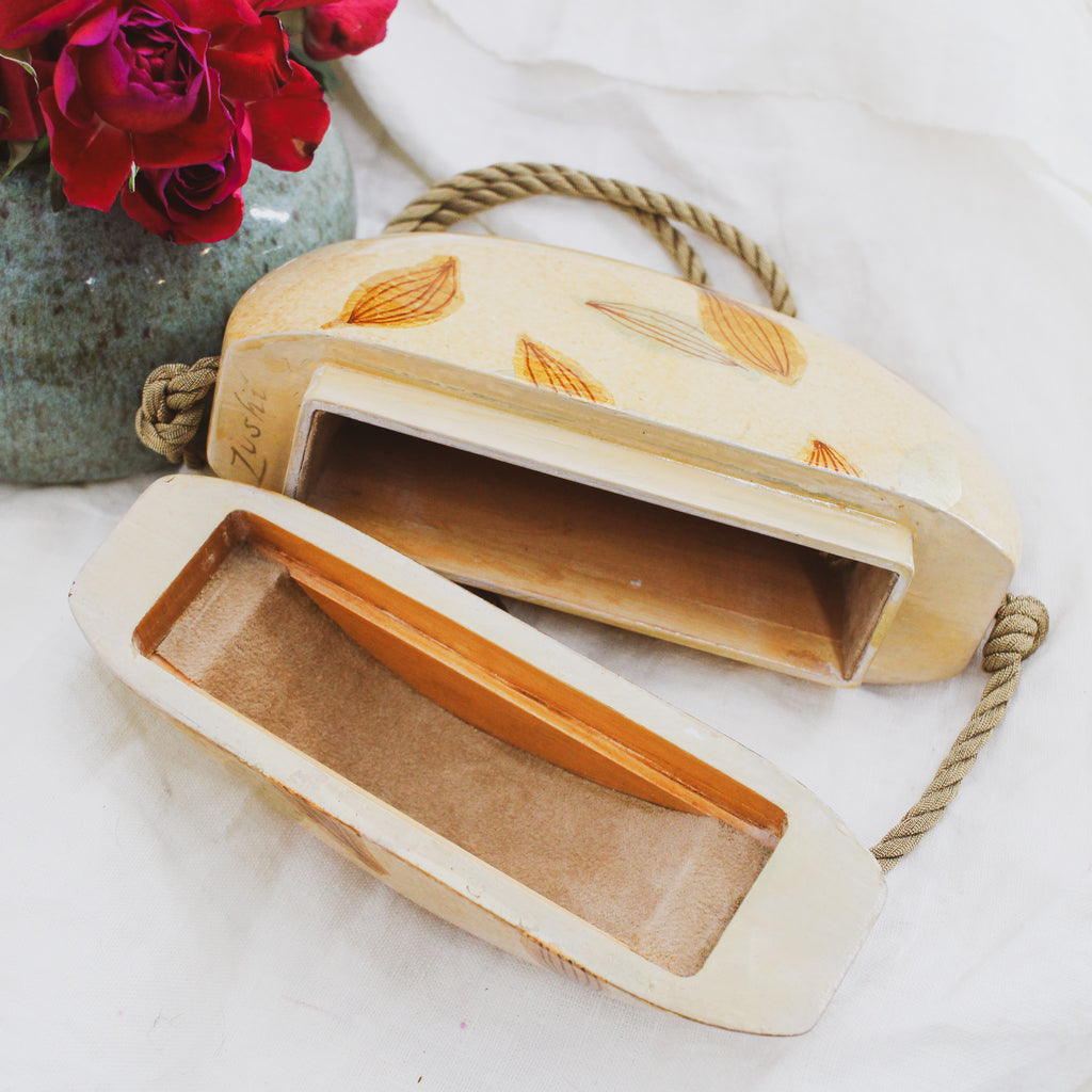70s zushi hand painted wood box bag, rare