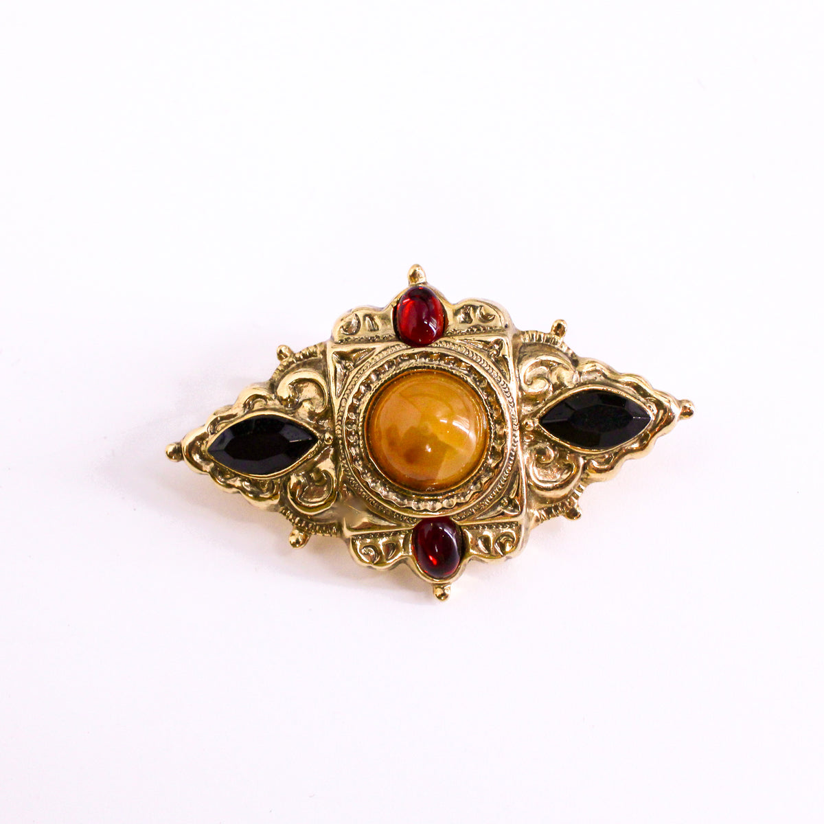 80s byzantine revival brooch - amber cabochon and jewel-tone glass
