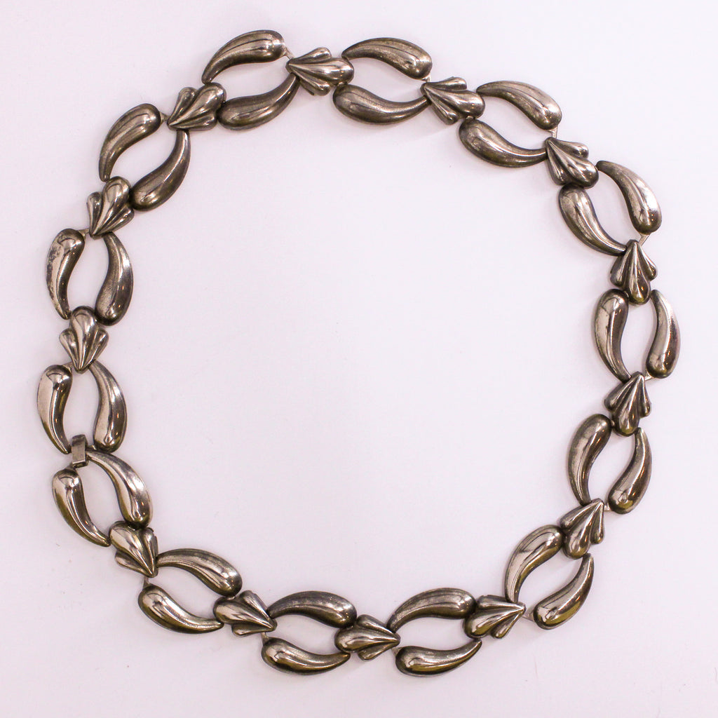 50s sterling silver foliate leaf-link choker necklace