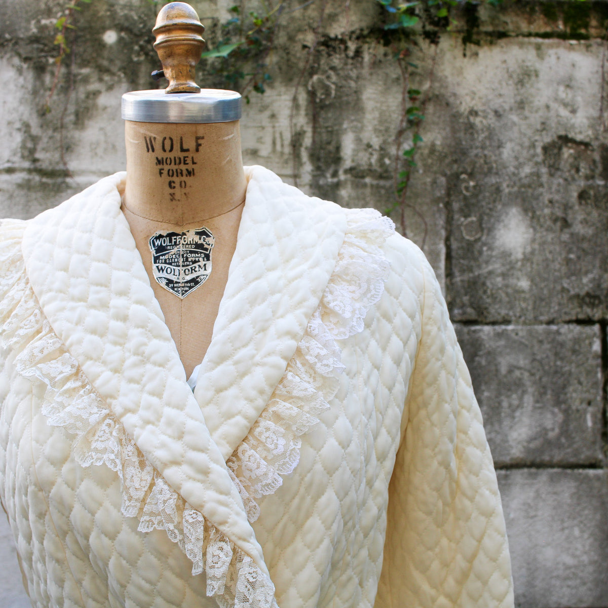 60s rhapsody by glazier ivory quilted bed jacket - front view buttoned closed