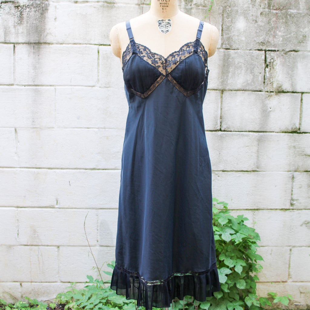 70s barbizon black satin slip - front full length on dress form
