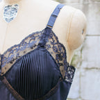 70s barbizon black satin slip - pleated lace bust detail