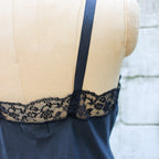 70s barbizon black satin slip - back strap and hem lace detail
