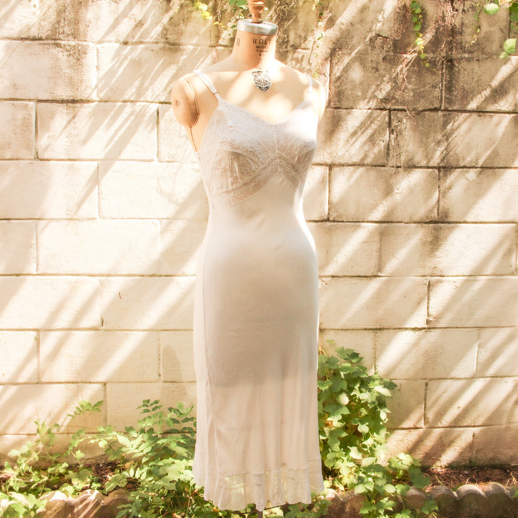 40s molla kaye bias cut lace slip - full front view on dress form