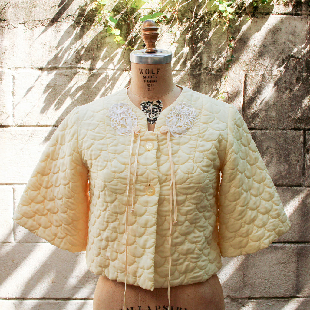 50s barbizon dream puff bed jacket - full front view on dress form