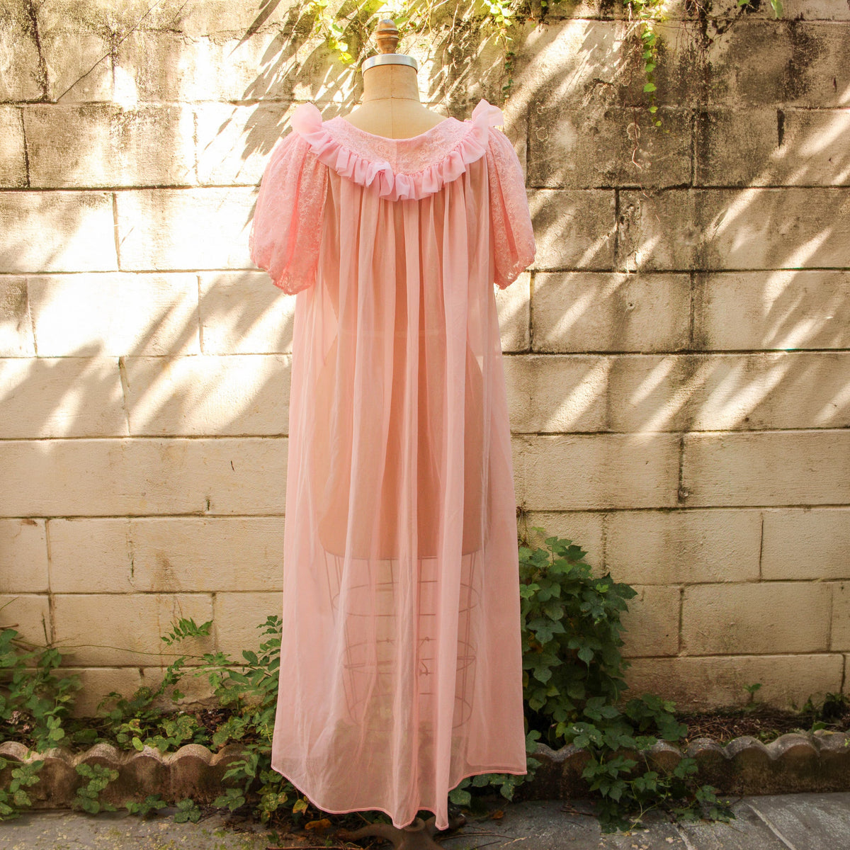 60s gmc sheer pink chiffon peignoir - back full length on dress form