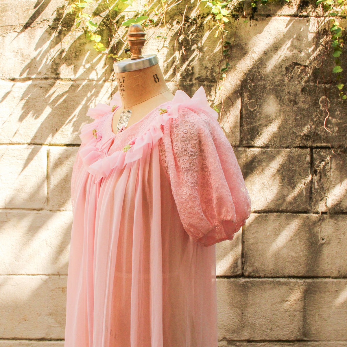 60s gmc sheer pink chiffon peignoir - front full length on dress form