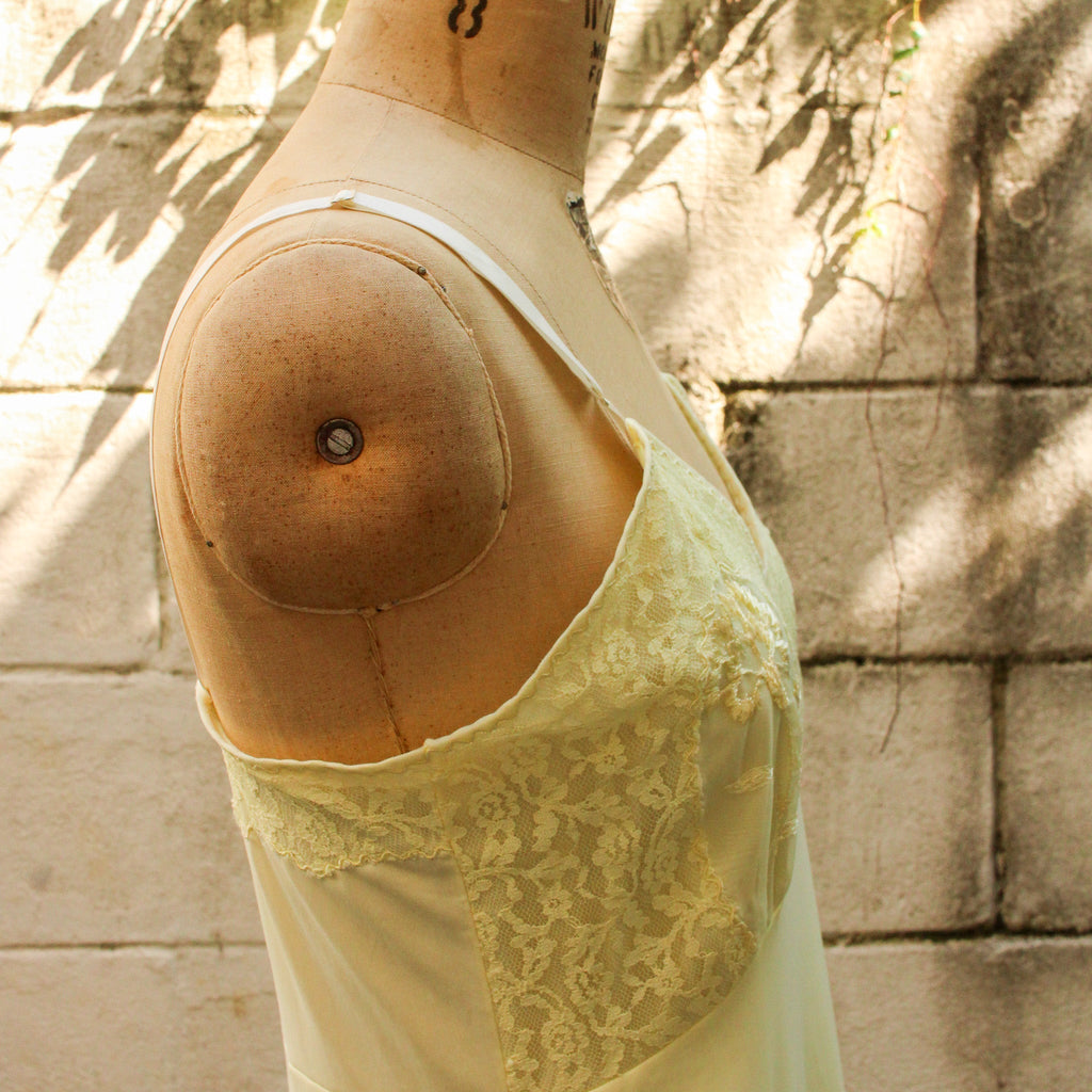 50s nan flower yellow nylon slip - hem lace and embroidery detail