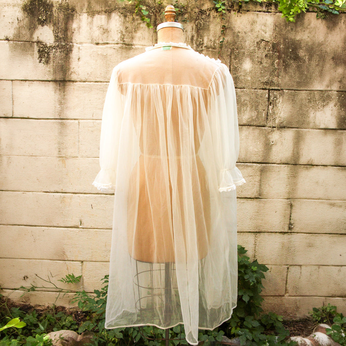 60s nan flower sheer chiffon peignoir - back full length on dress form