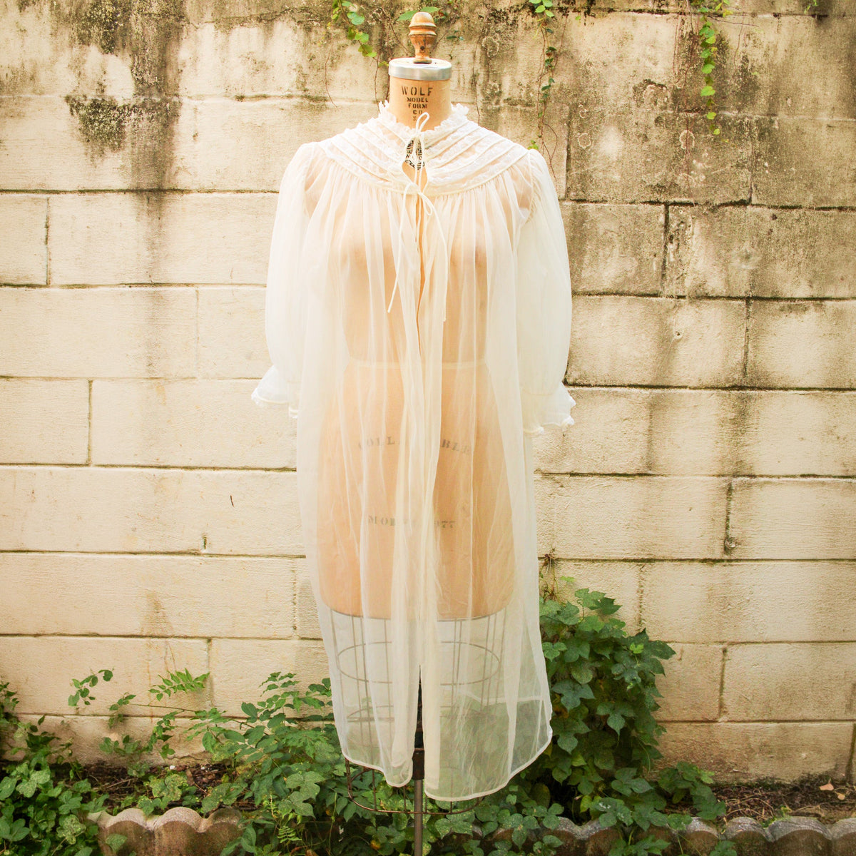 60s nan flower sheer chiffon peignoir - front full length on dress form