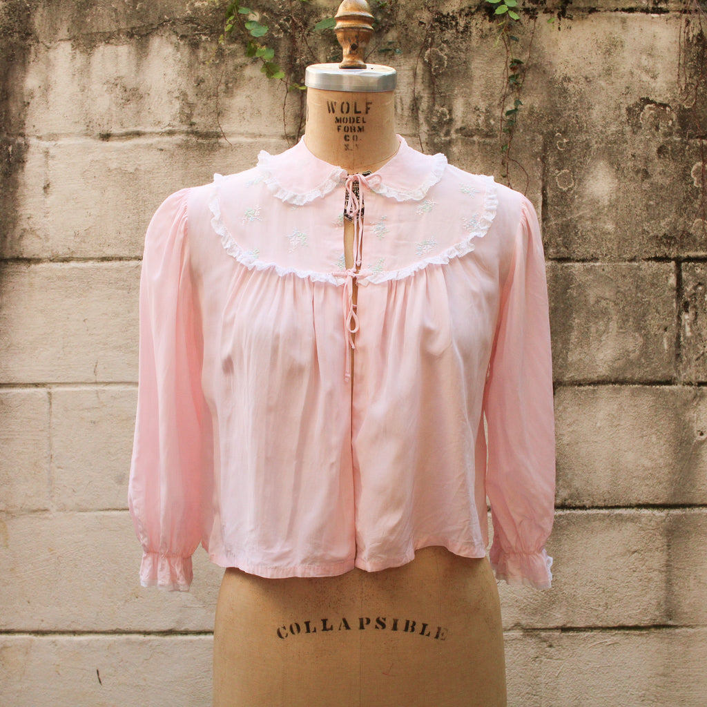 50s eastern isles pink chiffon bed jacket - embroidered lace collar detail