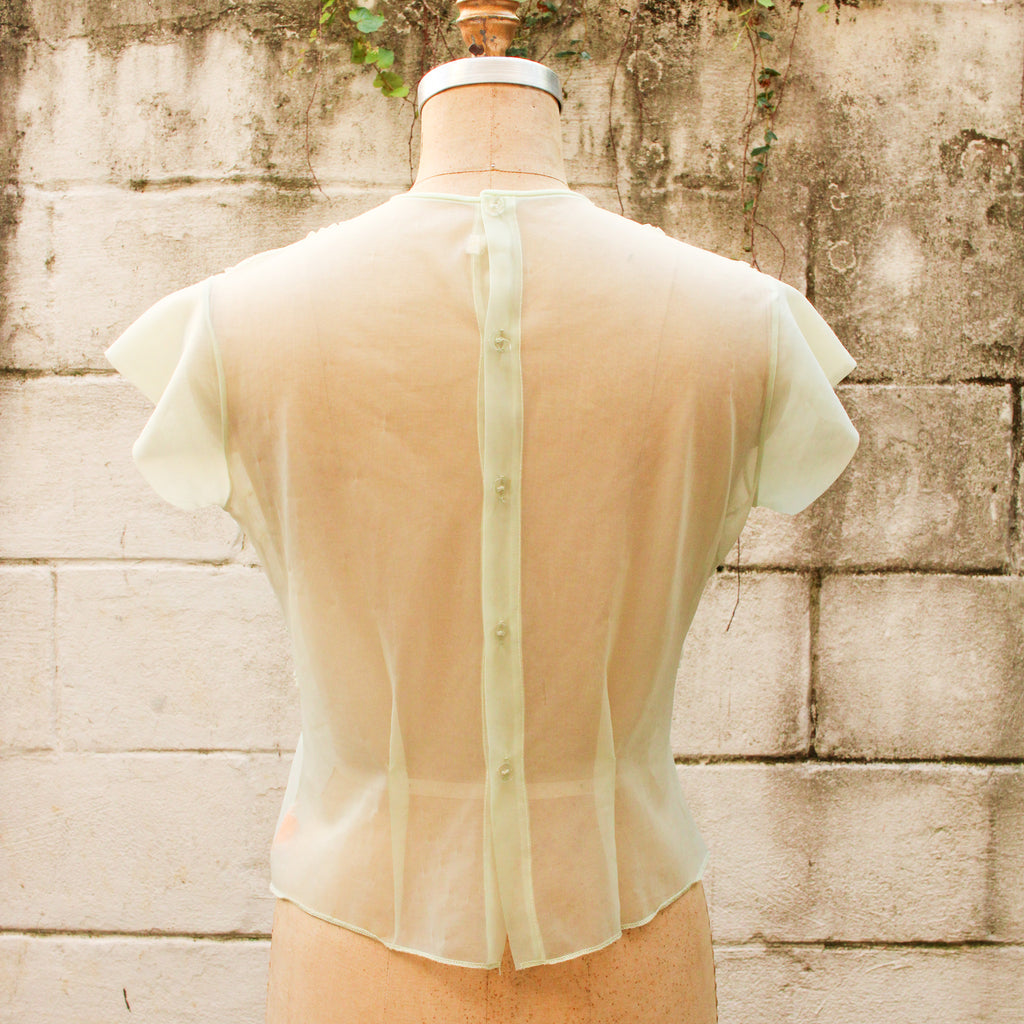 40s RARE sheer chiffon ruffle blouse with rhinestone buttons