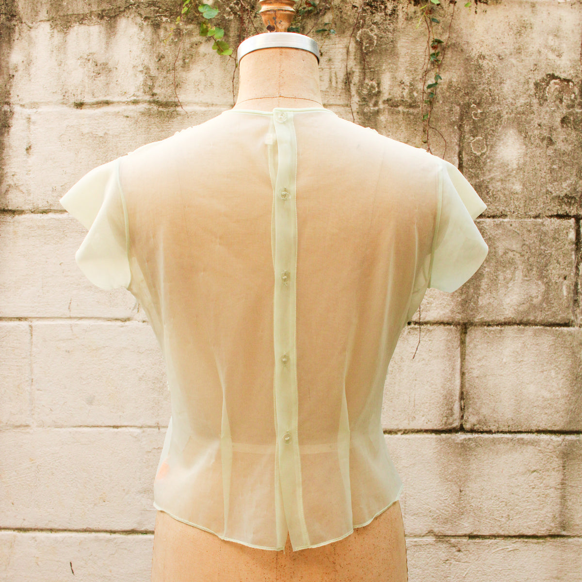 40s RARE sheer chiffon ruffle blouse with rhinestone buttons