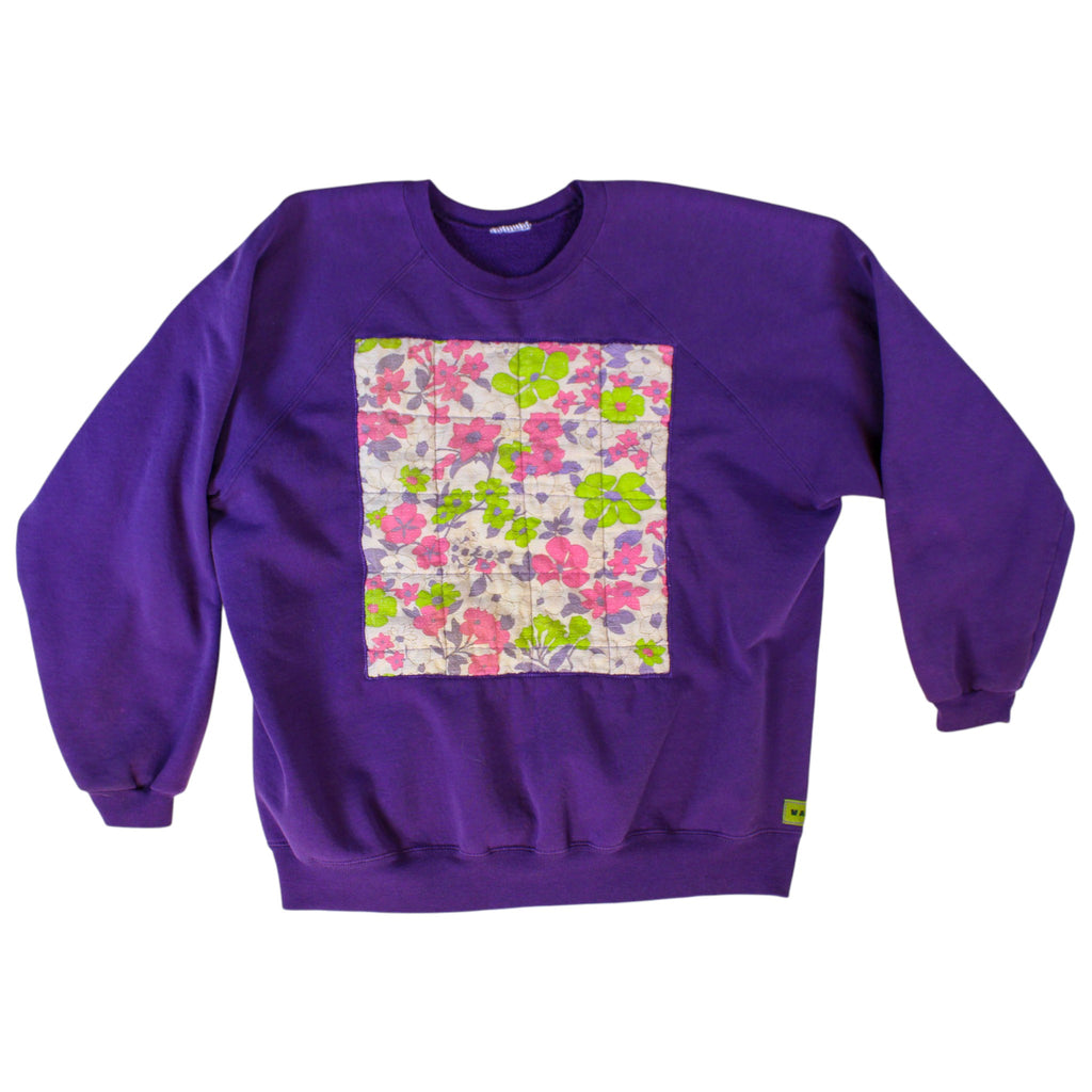 60s quilted floral sweatshirt in purple - one-of-a-kind