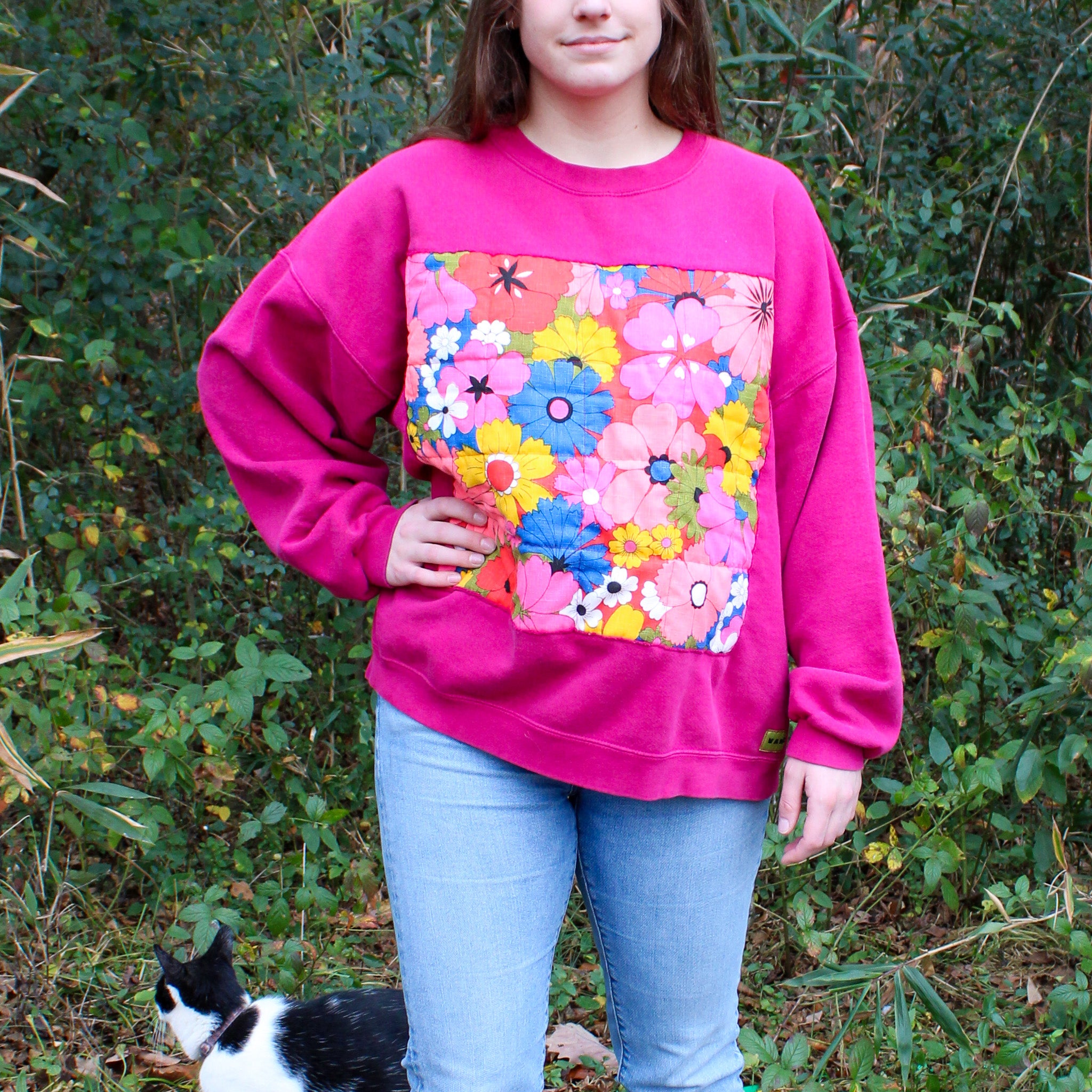 60s psychedelic reverse-appliqué magenta sweatshirt - one-of-a-kind