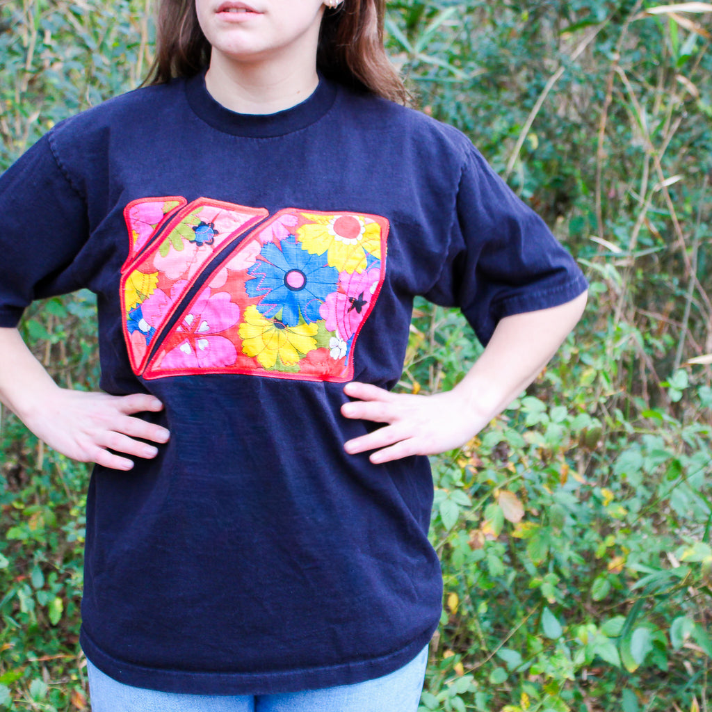 60s floral textile appliqué black tee - one-of-a-kind rework