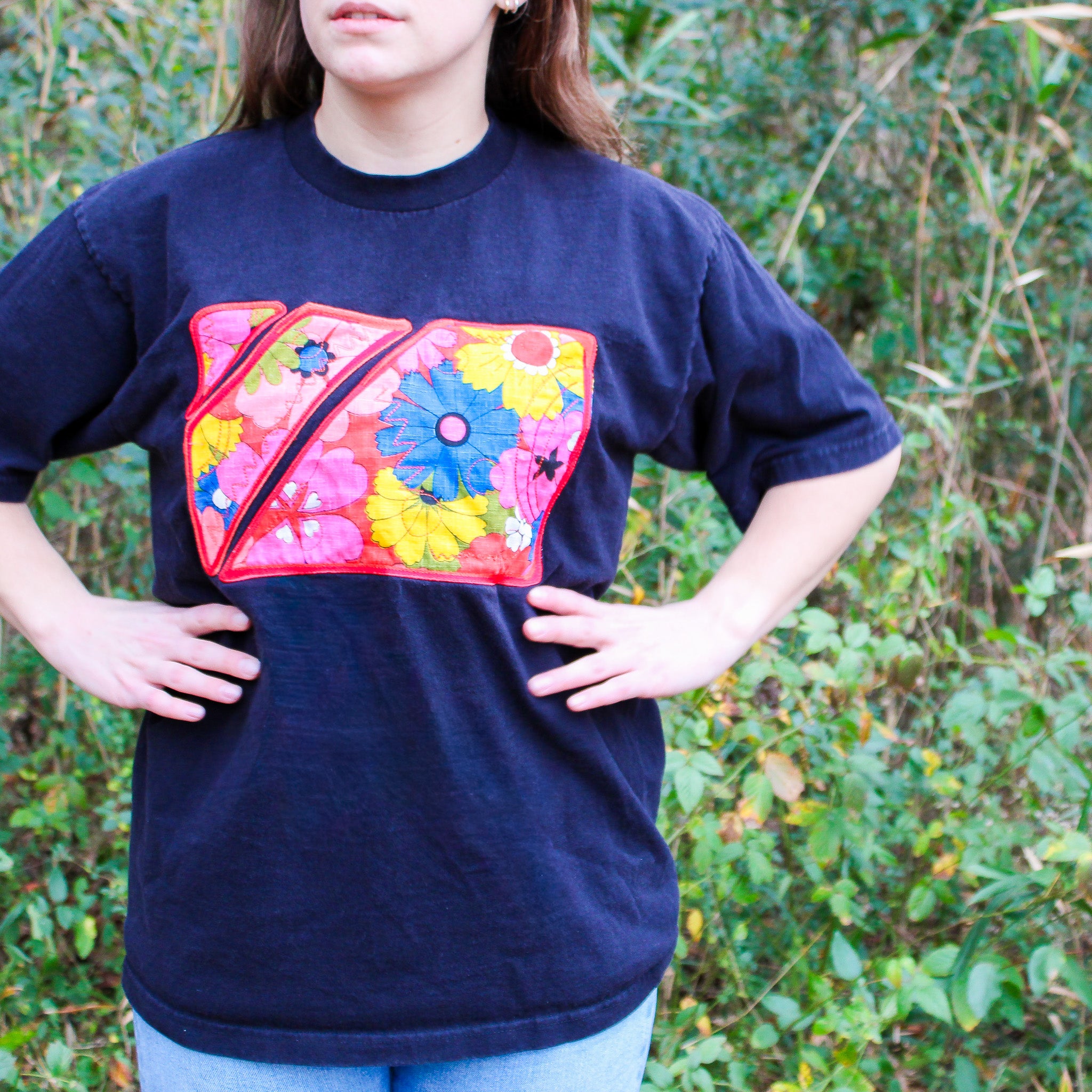 60s floral textile appliqué black tee - one-of-a-kind rework