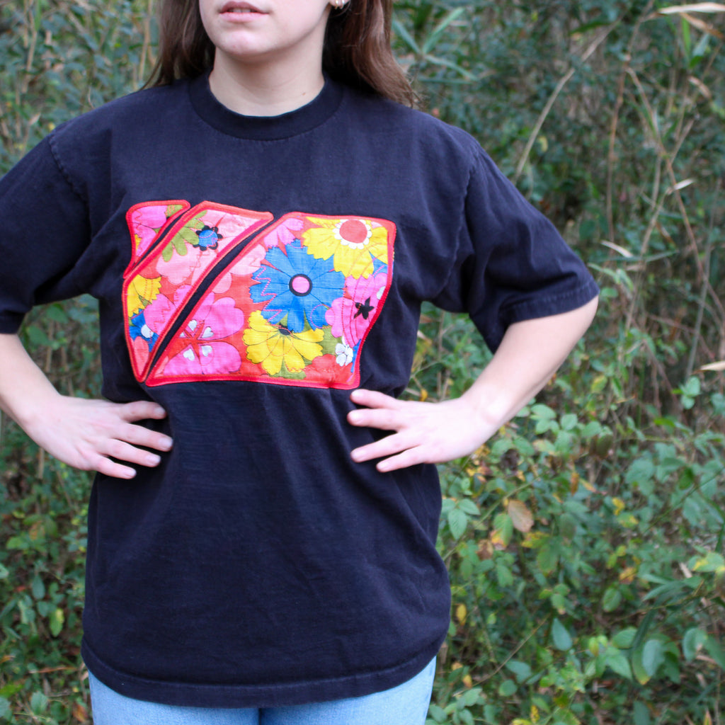 60s floral textile appliqué black tee - one-of-a-kind rework