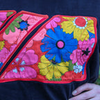 60s floral textile appliqué black tee - one-of-a-kind rework