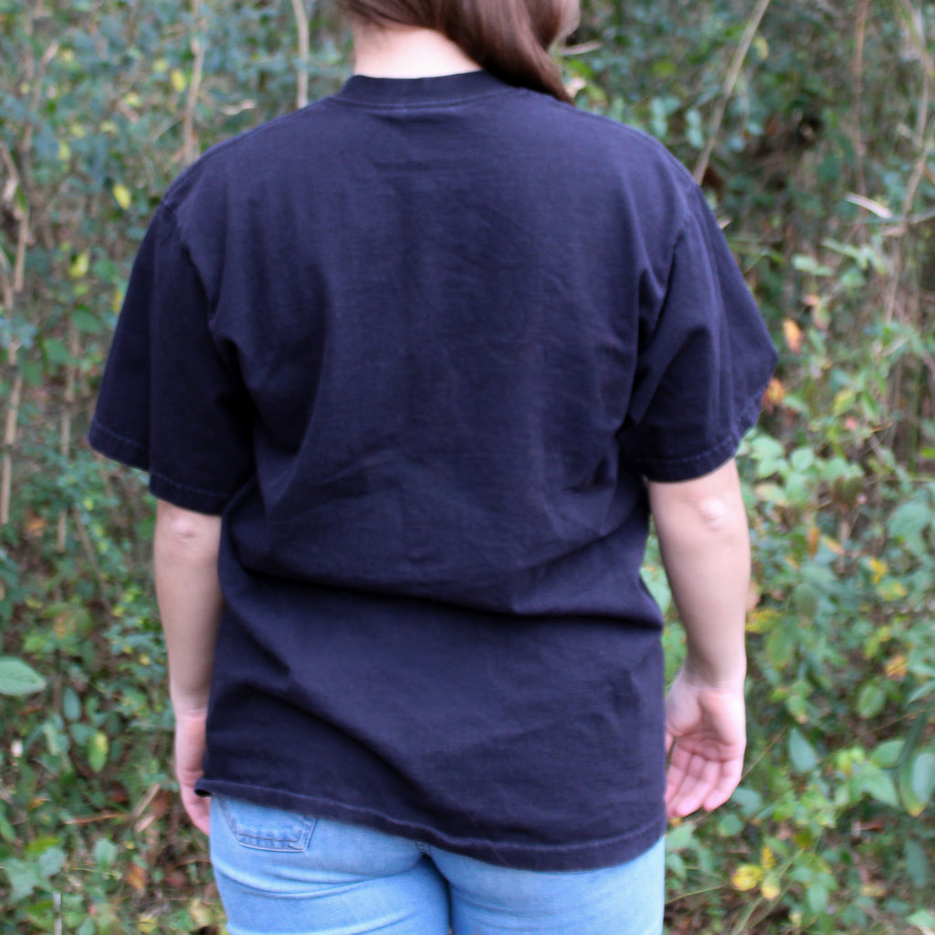 60s floral textile appliqué black tee - one-of-a-kind rework