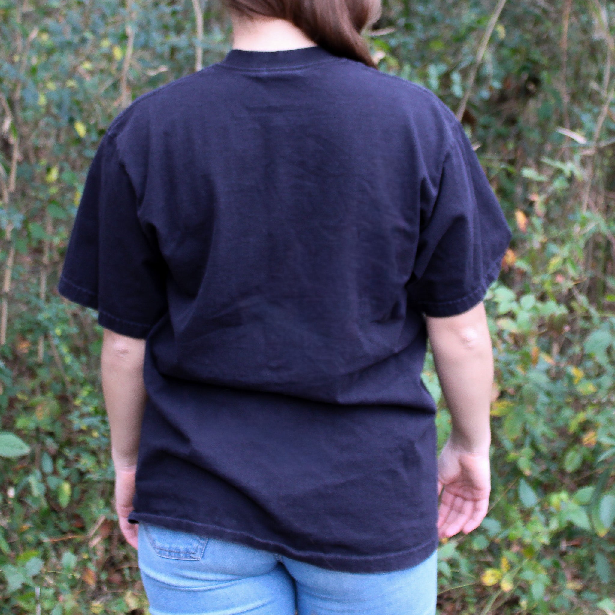 60s floral textile appliqué black tee - one-of-a-kind rework