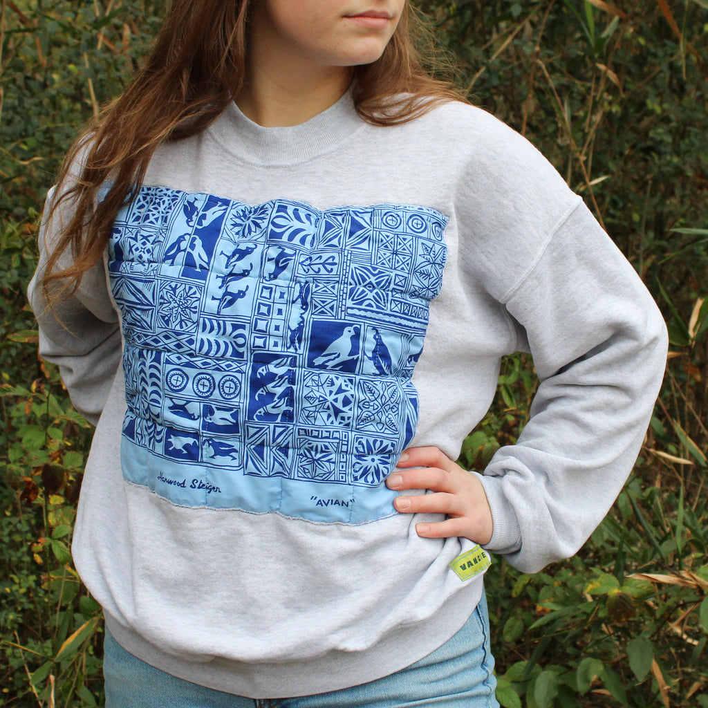 60s harwood steiger avian panel sweatshirt in heather grey - designer textile